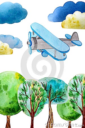 Watercolor illustration. postcard plane, clouds, trees. Cartoon Illustration