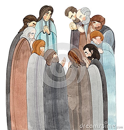 Watercolor illustration of the prayer of the apostles, people, the Day of the Holy Trinity, Pentecost, Trinity. Cartoon Illustration