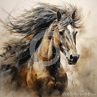 watercolor illustration of a proud horse. color, paints, picture, ranch, art, strong, speed, ride, gelding, recreation Cartoon Illustration