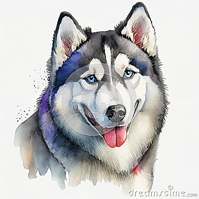 Watercolor illustration of pure breed Siberian Husky dog. Colorful painting of domestic animal Cartoon Illustration