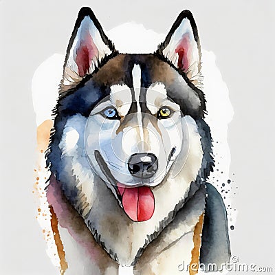 Watercolor illustration of pure breed Siberian Husky dog. Colorful painting of domestic animal Cartoon Illustration