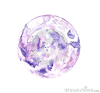 Watercolor illustration of purple and pale pink full moon, isolated on white background. Cartoon Illustration