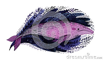 Watercolor illustration of a purple whale on a white background. Cartoon Illustration