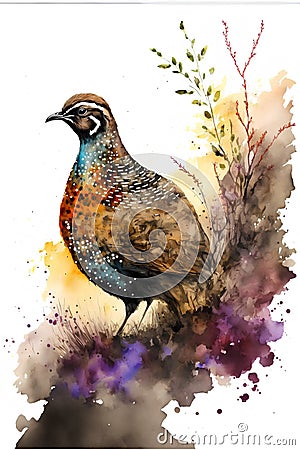 Watercolor illustration of a quail on a background of watercolor splashes Cartoon Illustration