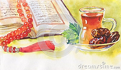 Watercolor illustration of ramadan kareem and ramadan mubarak. Hand drawn muslim background of koran, dates and tea Cartoon Illustration