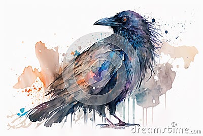 Watercolor illustration, raven from the family of corvids. isolated on white background. Generative AI Cartoon Illustration