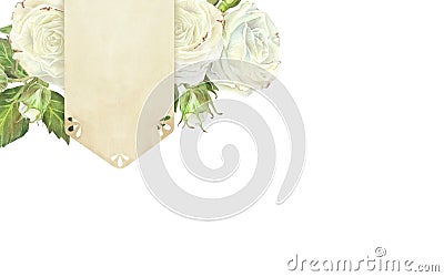 Watercolor illustration. Rectangular template for wedding invitations with white roses. Place for inscription or text Cartoon Illustration