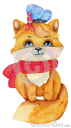 Watercolor illustration, a red fox cub with a red scarf, a cute butterfly in a hat on his head, an image on a white Cartoon Illustration