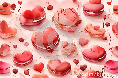 Watercolor illustration of red and pink heart shaped macarons Cartoon Illustration