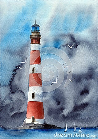 A watercolor illustration of a red and white striped lighthouse against a stormy sky Cartoon Illustration