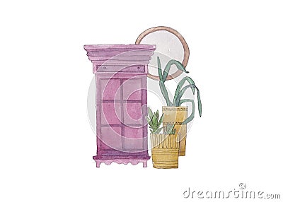 Watercolor illustration of retro closet two flower pots and mirror Cartoon Illustration