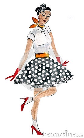 Watercolor illustration of a retro stylish girl Cartoon Illustration
