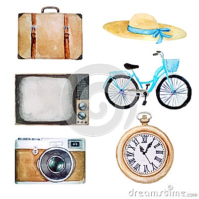 Watercolor illustration of retro vintage objects, old icons of hat, suitcase, tv, bicycle, photo camera, pocket clock, isolated Cartoon Illustration