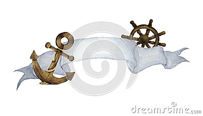 Watercolor illustration with ribbon for text and nautical. Anchor ,Steering wheel Cartoon Illustration