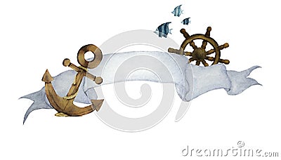 Watercolor illustration with ribbon for text and nautical. Anchor ,Steering wheel and fishes. Cartoon Illustration