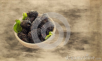 Watercolor illustration of ripe blackberries in a white bowl. Antioxidant organic superfood, concept for healthy eating and Cartoon Illustration