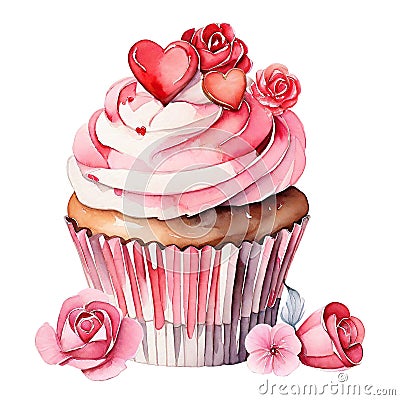 illustration, romantic desserts and sweets, cupcake decorated with pink cream, hearts and flowers, valentines day Cartoon Illustration