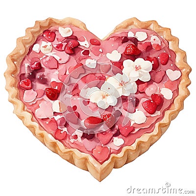 illustration, romantic desserts and sweets, heart-shaped berry biscuits decorated with flowers, valentines day Cartoon Illustration