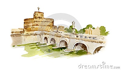 watercolor illustration of Rome, Italy, hand drawn panorama of Tiber, bridge and old fortress isolated on white Cartoon Illustration