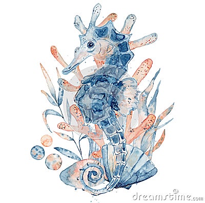 Watercolor illustration of seahorse in blue color with floral composition isolated on white background Cartoon Illustration