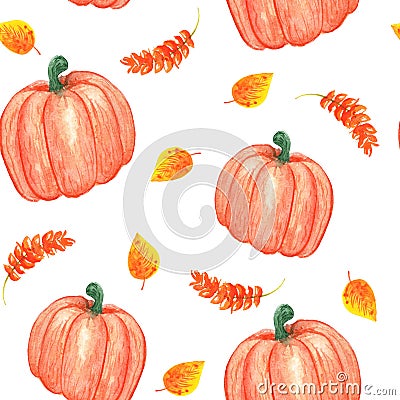 Watercolor illustration. seamless autumn pattern with pumpkin and yellow orange leaves Cartoon Illustration