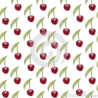 Watercolor illustration of a seamless pattern with a berry cherry and leaves on a white background. Cartoon Illustration