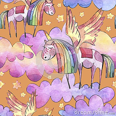 Watercolor illustration. Seamless pattern with bright rainbow clouds, unicorns and stars. Cartoon Illustration