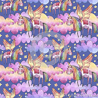 Watercolor illustration. Seamless pattern with bright rainbow clouds, unicorns and stars. Cartoon Illustration