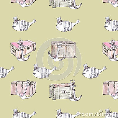 WATERCOLOR ILLUSTRATION SEAMLESS PATTERN CHEERFUL PIRATE FISH IN A HAT,AN OLD CHEST AND AN ANCHOR ON A DARK BACKGROUND Stock Photo