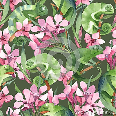 Seamless pattern of simple green chameleons Cartoon Illustration