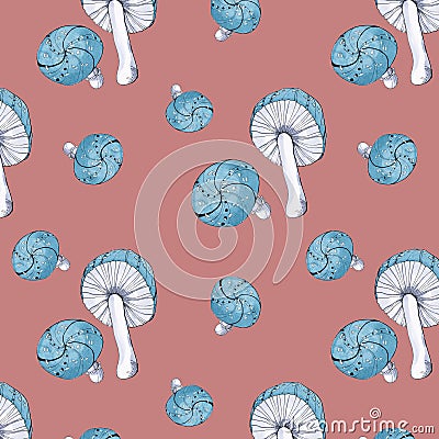 Illustration toxic mushrooms with blue cap on pink background Cartoon Illustration