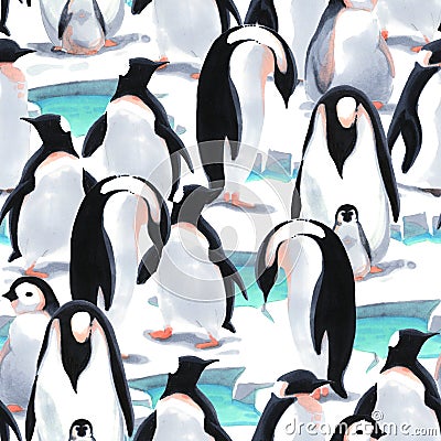 Watercolor seamless pattern witn penguin`s flock on the snow Cartoon Illustration