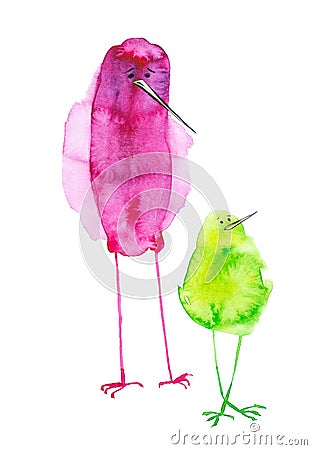 Watercolor illustration of serious and funny abstract birds, childish, set. Printing, design elements. Isolated on white Cartoon Illustration