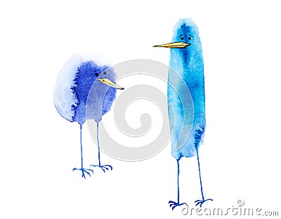Watercolor illustration of serious and funny abstract birds, childish, set. Printing, design elements. Isolated on white Cartoon Illustration