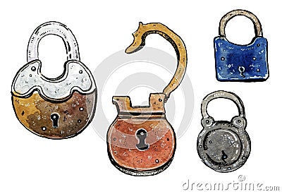 Watercolor illustration set of colorful old padlocks Cartoon Illustration