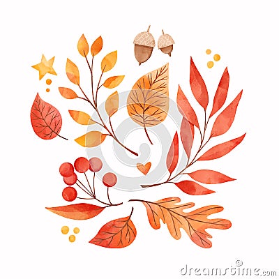 Watercolor illustration. Set of fall leaves, acorns, berries. Forest design elements. Hello Autumn! Perfect for seasonal Cartoon Illustration