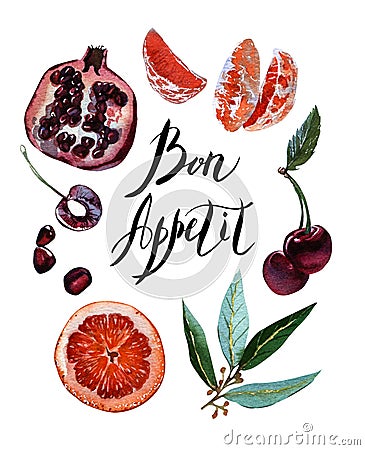 Watercolor illustration set fruits bon appetit, Garnet, mandarin, grapefruit, cherry, merry isolated on white background Cartoon Illustration