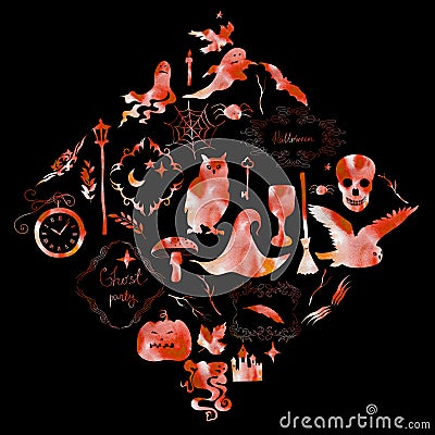 Watercolor illustration, a set of individual elements and frames for the holiday of Halloween. Red silhouette on black background. Cartoon Illustration