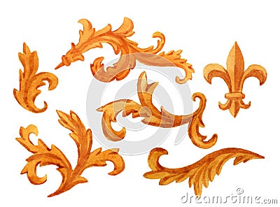 Watercolor set of isolated golden elements in baroque, rococo style Cartoon Illustration