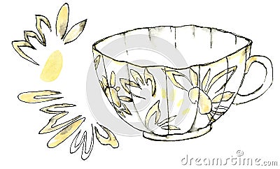 Watercolor illustration set of porcelian cup with a muted yellow color black-and-white sketch made by hand Cartoon Illustration