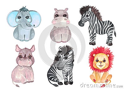Watercolor illustration set Safari baby animals Nursery decor Baby shower Tropical animals Elephant lion Zebra Rhino Cartoon Illustration