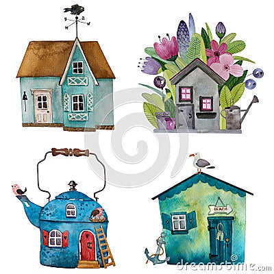 Watercolor illustration. Set of small cartoon houses . Sweet home. Hand drawn picture for decoration, invitation card Cartoon Illustration