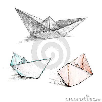 Watercolor illustration set of three paper boats hand-drawn isolated on white background. Sketch picture of small toy Cartoon Illustration