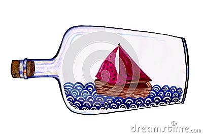 Ship in a bottle watercolor illustration Cartoon Illustration