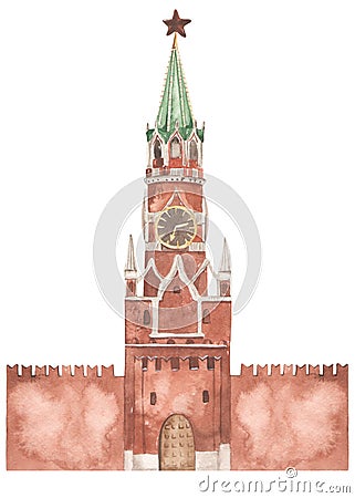 Kremlin, Spasskaya tower in Moscow watercolor illustration, sights of Russia, Red Square Cartoon Illustration