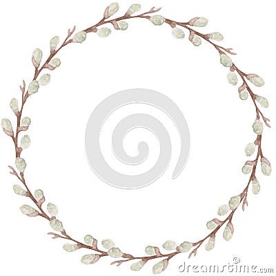 Watercolor illustration, simple willow frame isolated on white background. For various festive products, Easter, etc. Cartoon Illustration