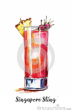 Watercolor illustration of a Singapore Sling cocktail isolated on white Cartoon Illustration
