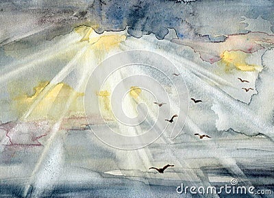 Watercolor illustration with sky and birds Cartoon Illustration