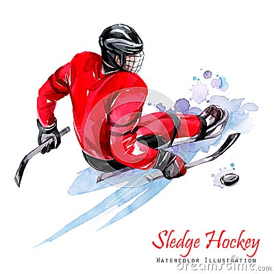Watercolor illustration. Sledge Hockey. Disability snow sports. Figure of disabled athlete on the ice with a puck Cartoon Illustration