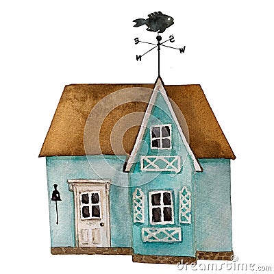 Watercolor illustration. Small cartoon sea house . Hand drawn picture for decoration, invitation card, greeting card. Cartoon Illustration